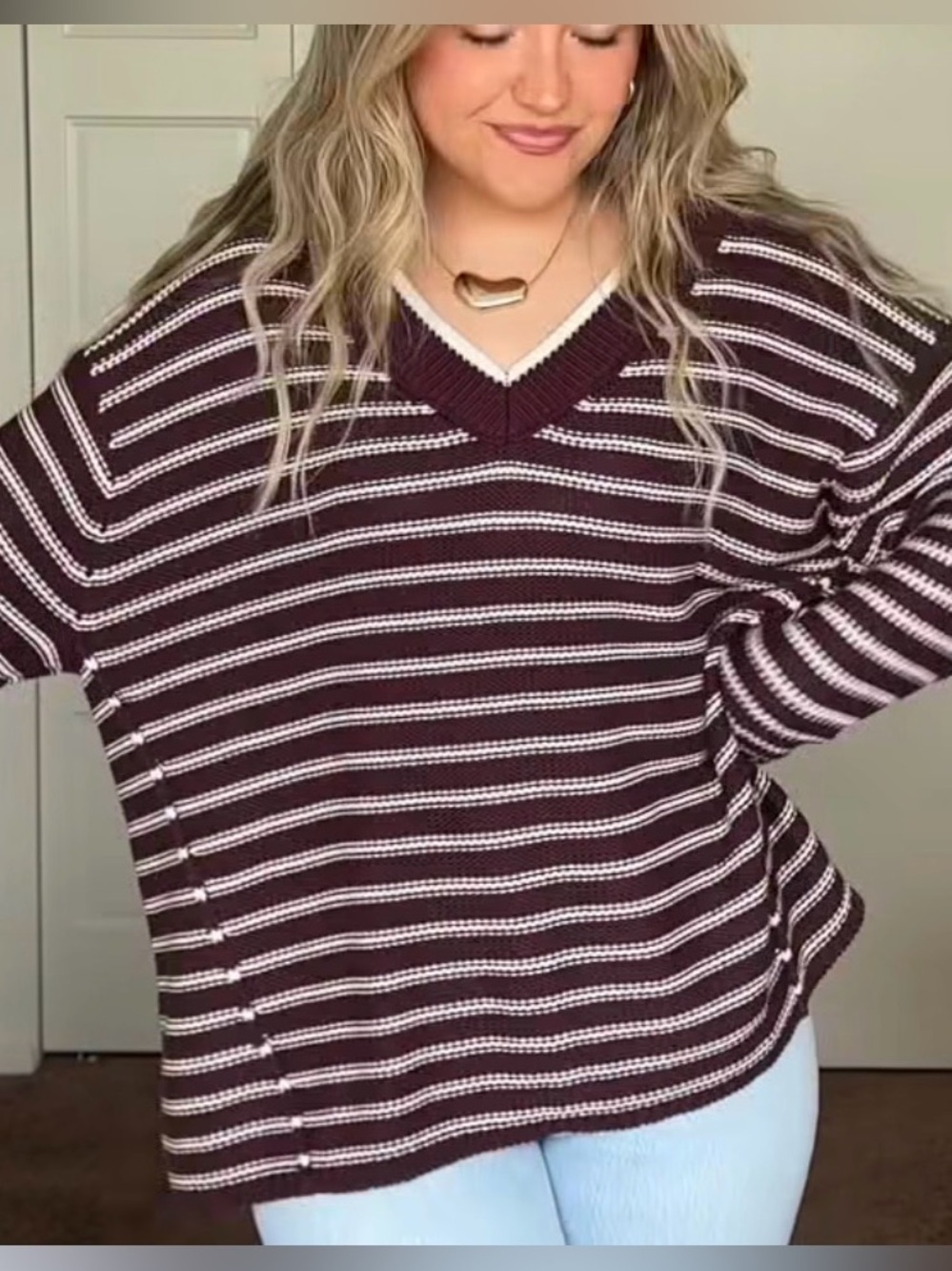 NEW American Eagle S burgundy-white stripe cotton V neck oversized knit sweater